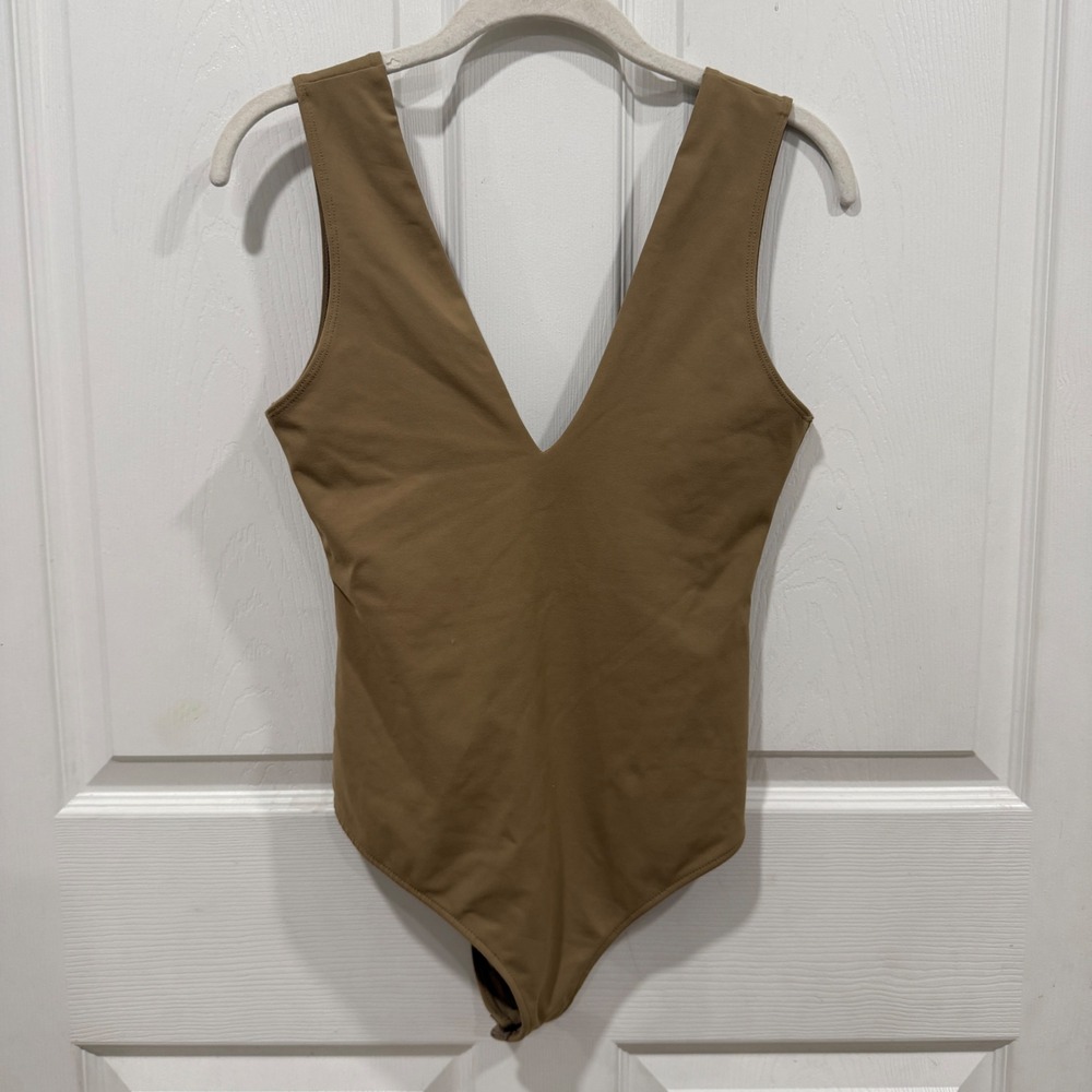 Intimately Free People Deep V-Neck Thong Bodysuit Tan Brown Small OB663273